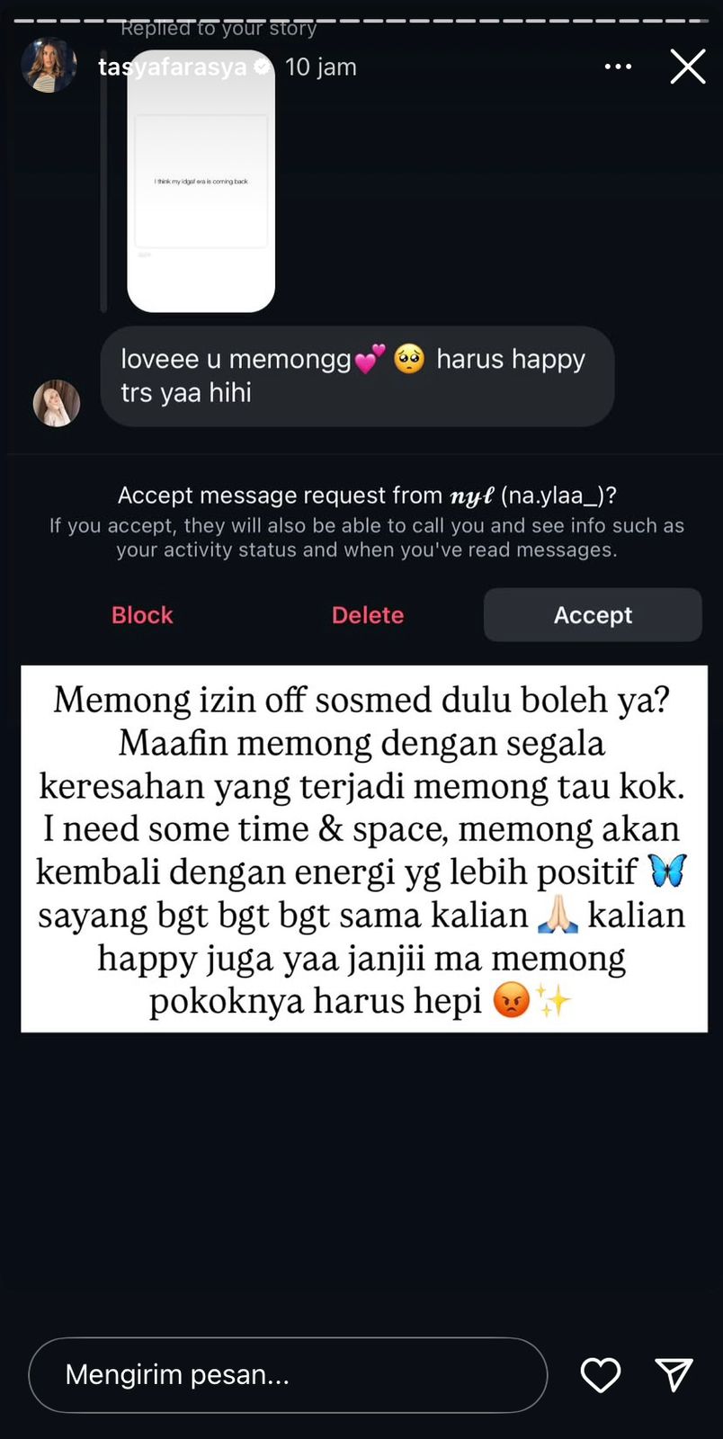 Tasya Farasya Izin Pamit Media Sosial (instagram)